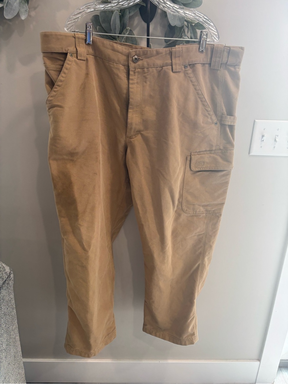 Men's Duluth 44x30 Work Cargo Pants - Tan, minor staining